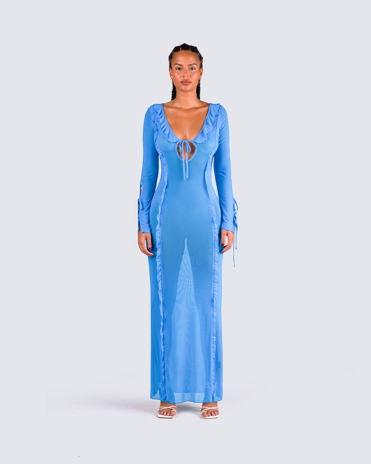 Florence Blue Mesh Maxi Dress model front