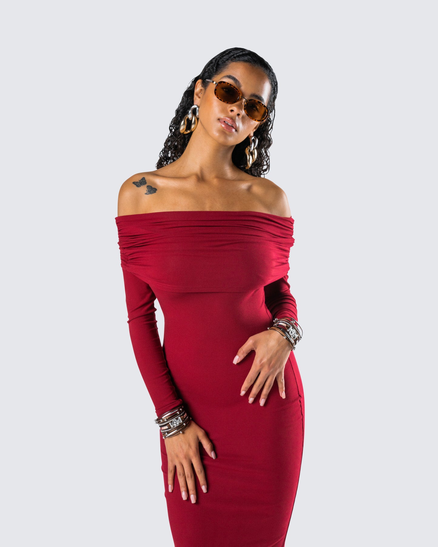 Kyan Burgundy Off Shoulder Maxi Dress