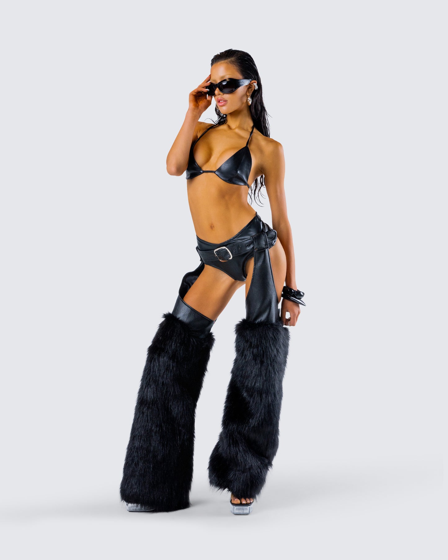 Zaria Black Vegan Leather Fur Trim Chaps