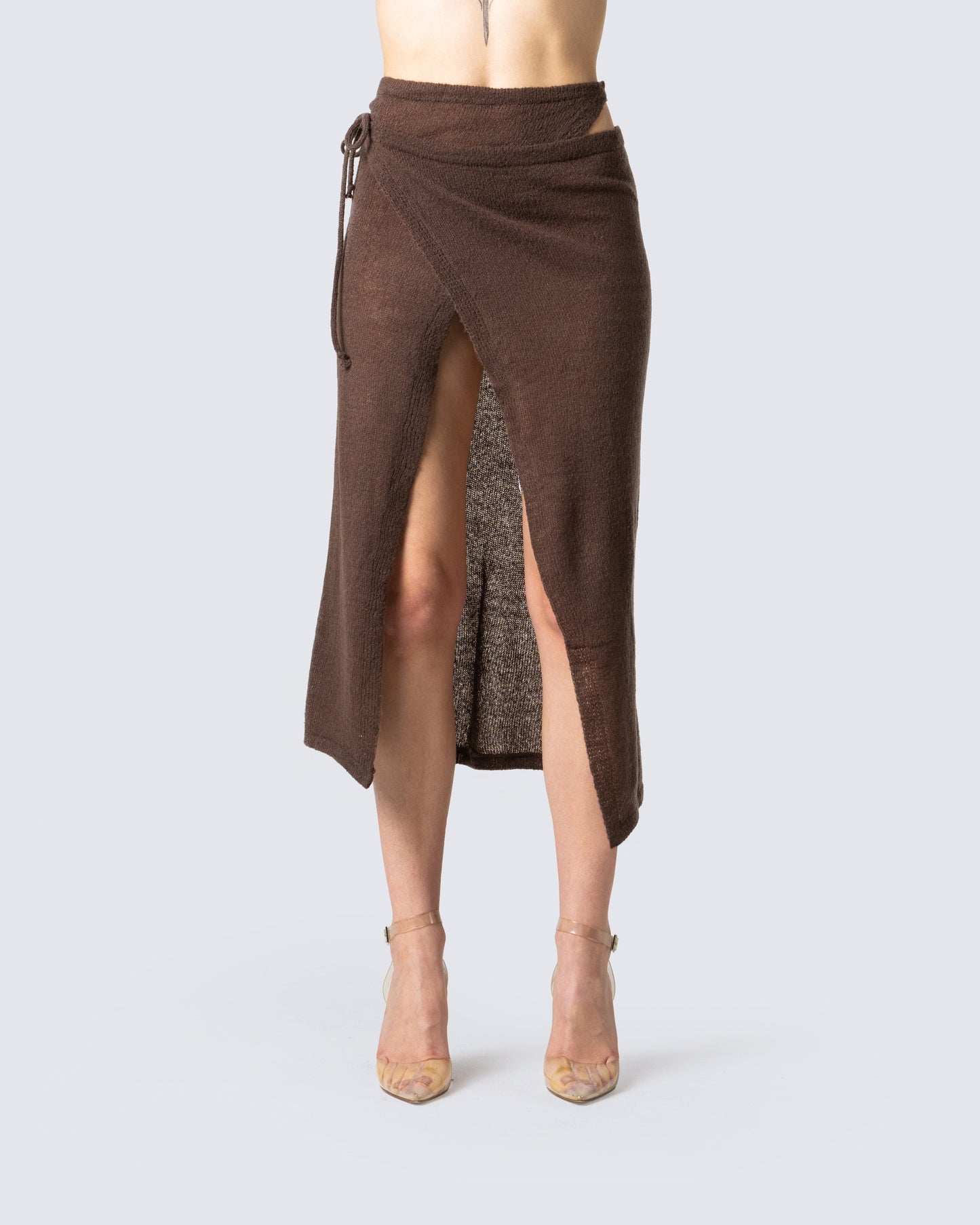 Zuri Brown Knit Midi Skirt model front