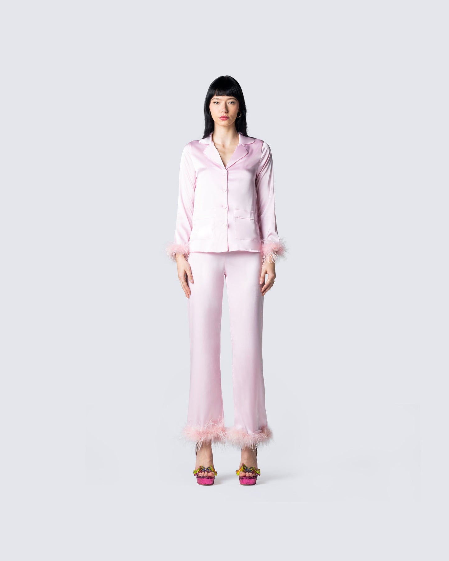 Sarah Pink Feather Trim Top model front