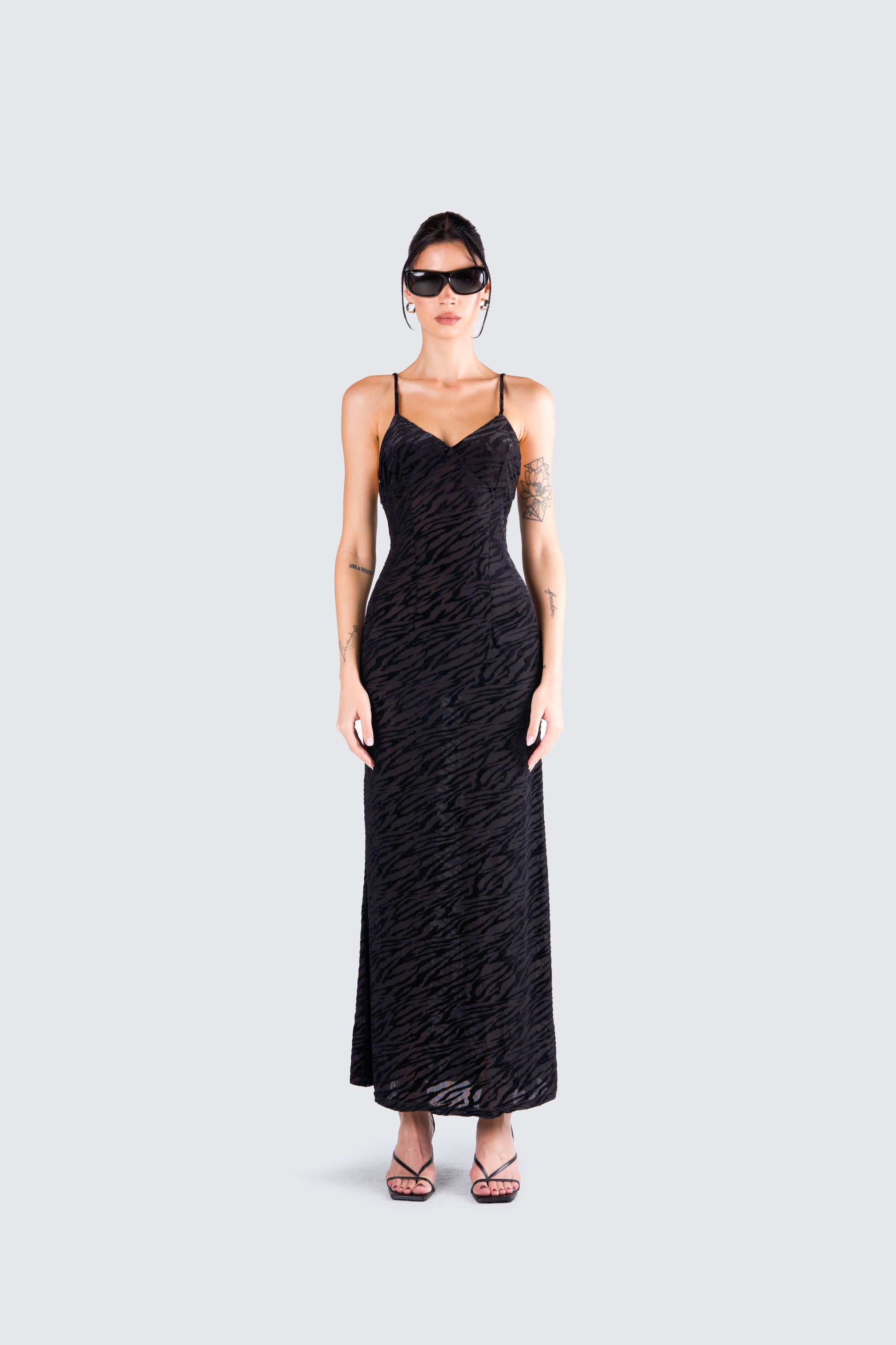 Santana Black Mesh Maxi Dress model front