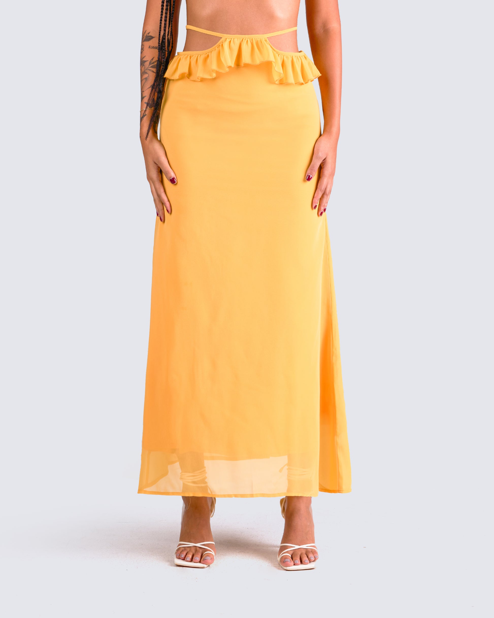 Lyra Yellow Ruffle Maxi Skirt model front
