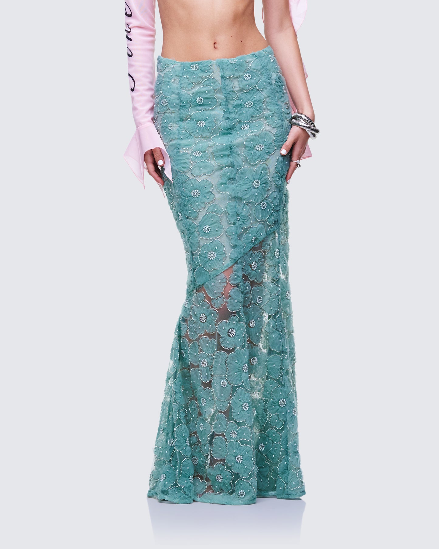 Delancy Green Embroidered Maxi Skirt