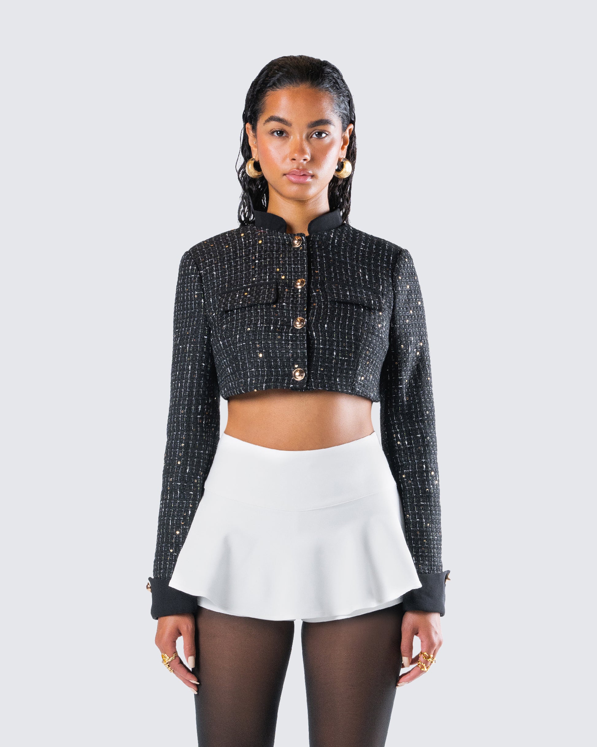 Pippa Black Tweed Cropped Jacket model front