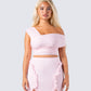 Omid Pink Asymmetrical Mesh Top model front