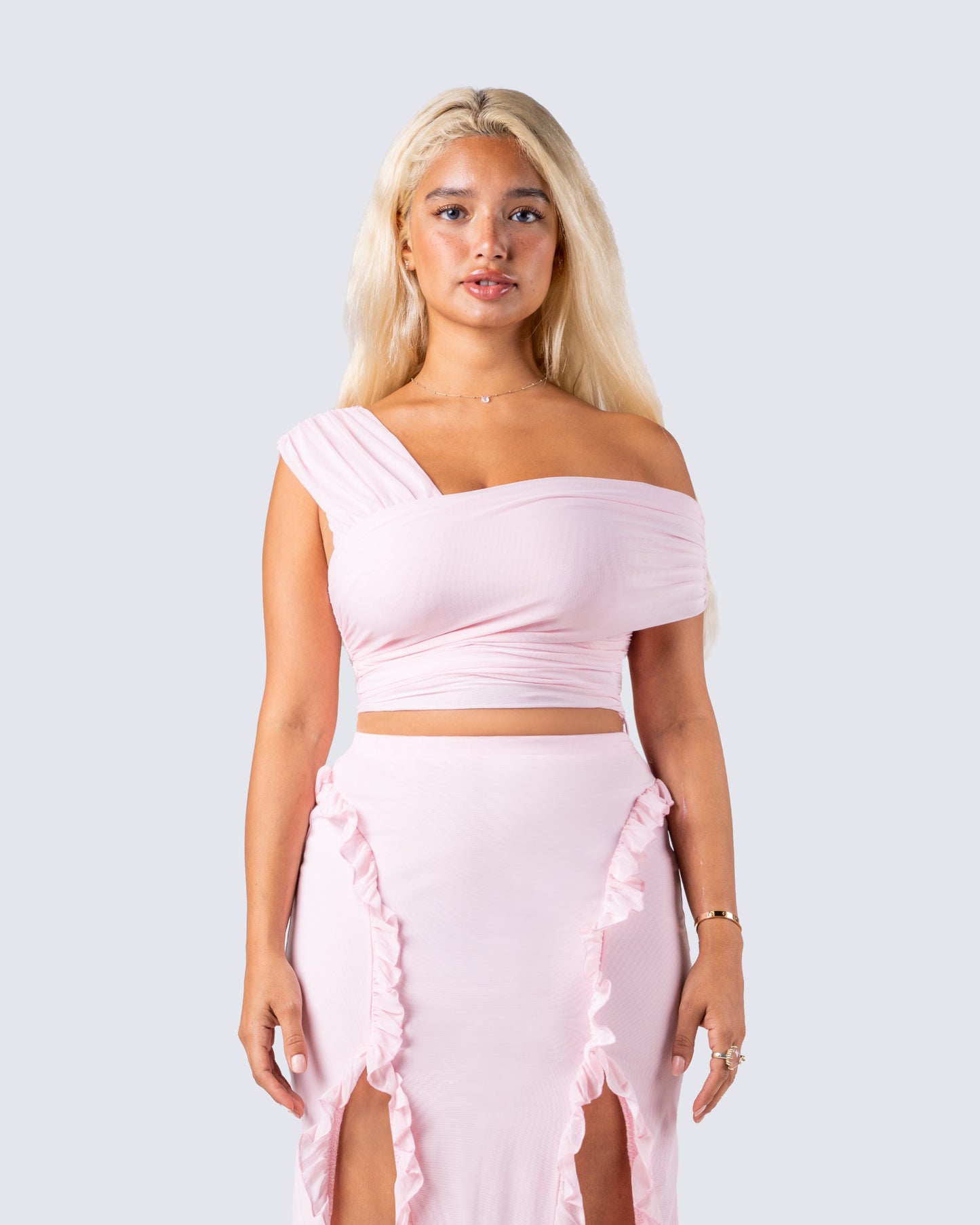 Omid Pink Asymmetrical Mesh Top model front