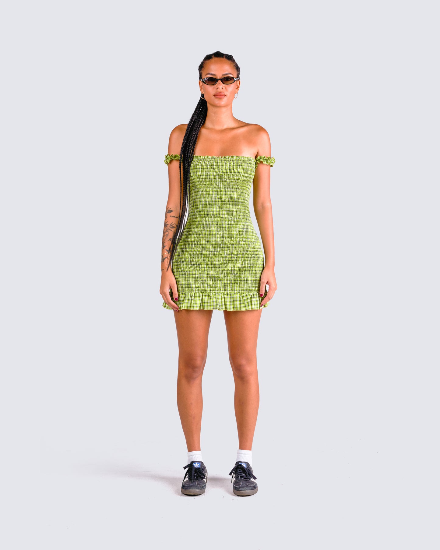 Everly Green Plaid Mini Dress
Success model front