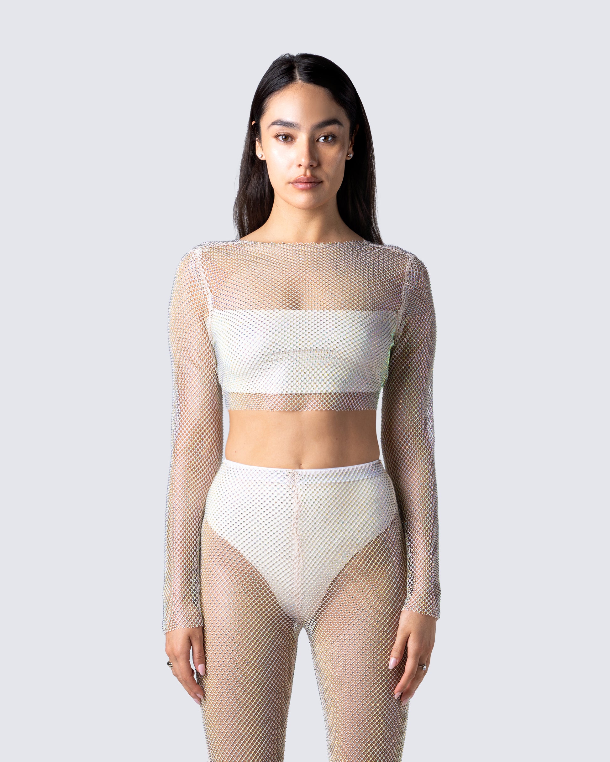 Yanni Cream Rhinestone Top model front