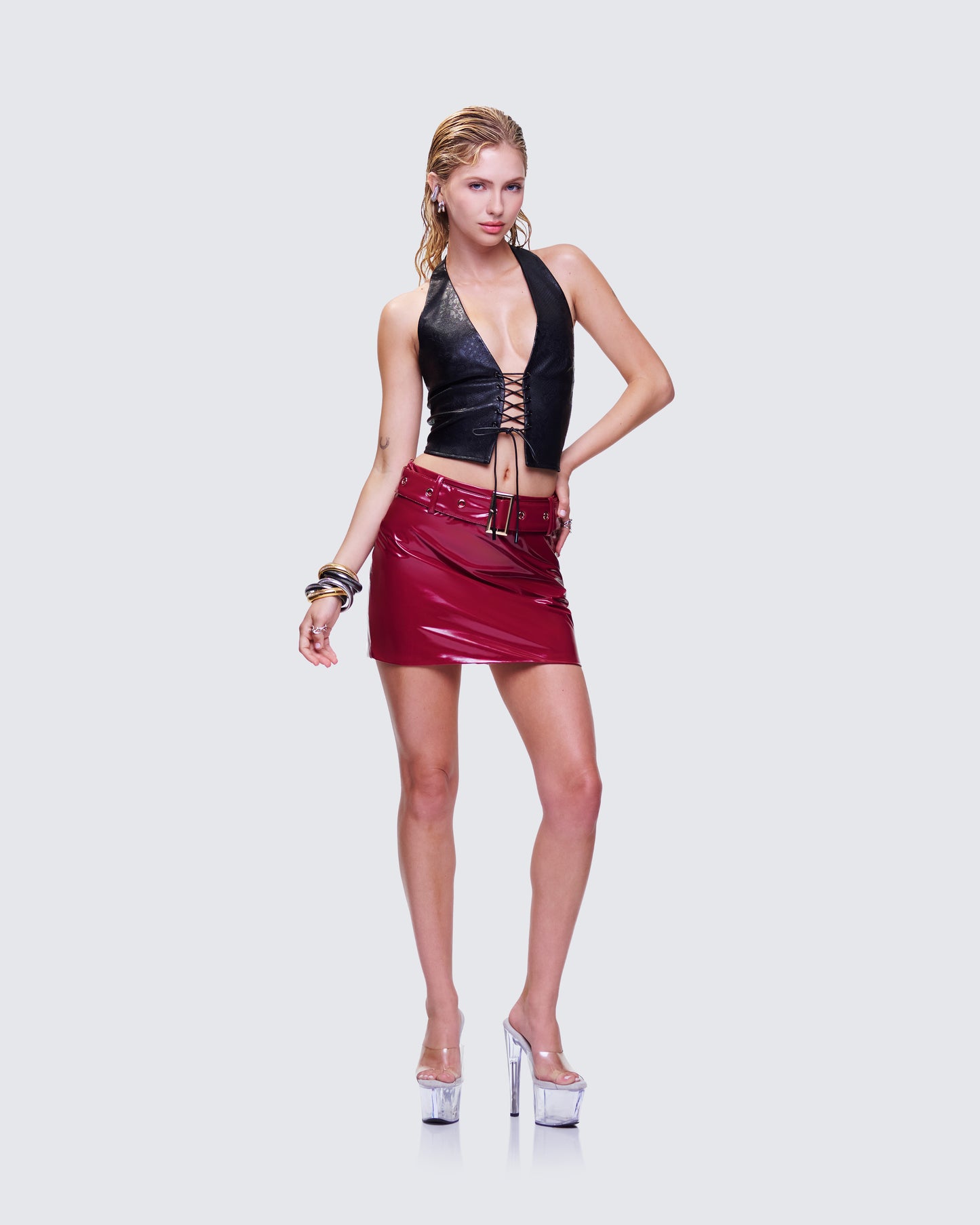 Severine Red Vegan Leather Belted Mini Skirt