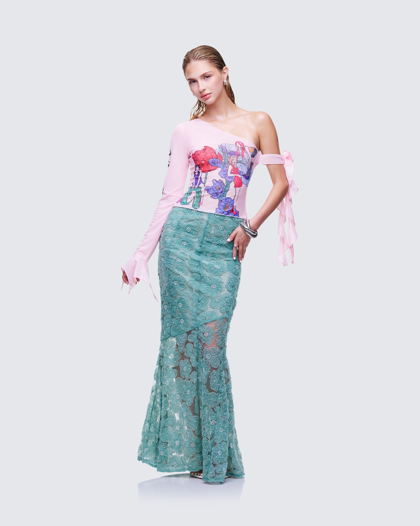 Delancy Green Embroidered Maxi Skirt