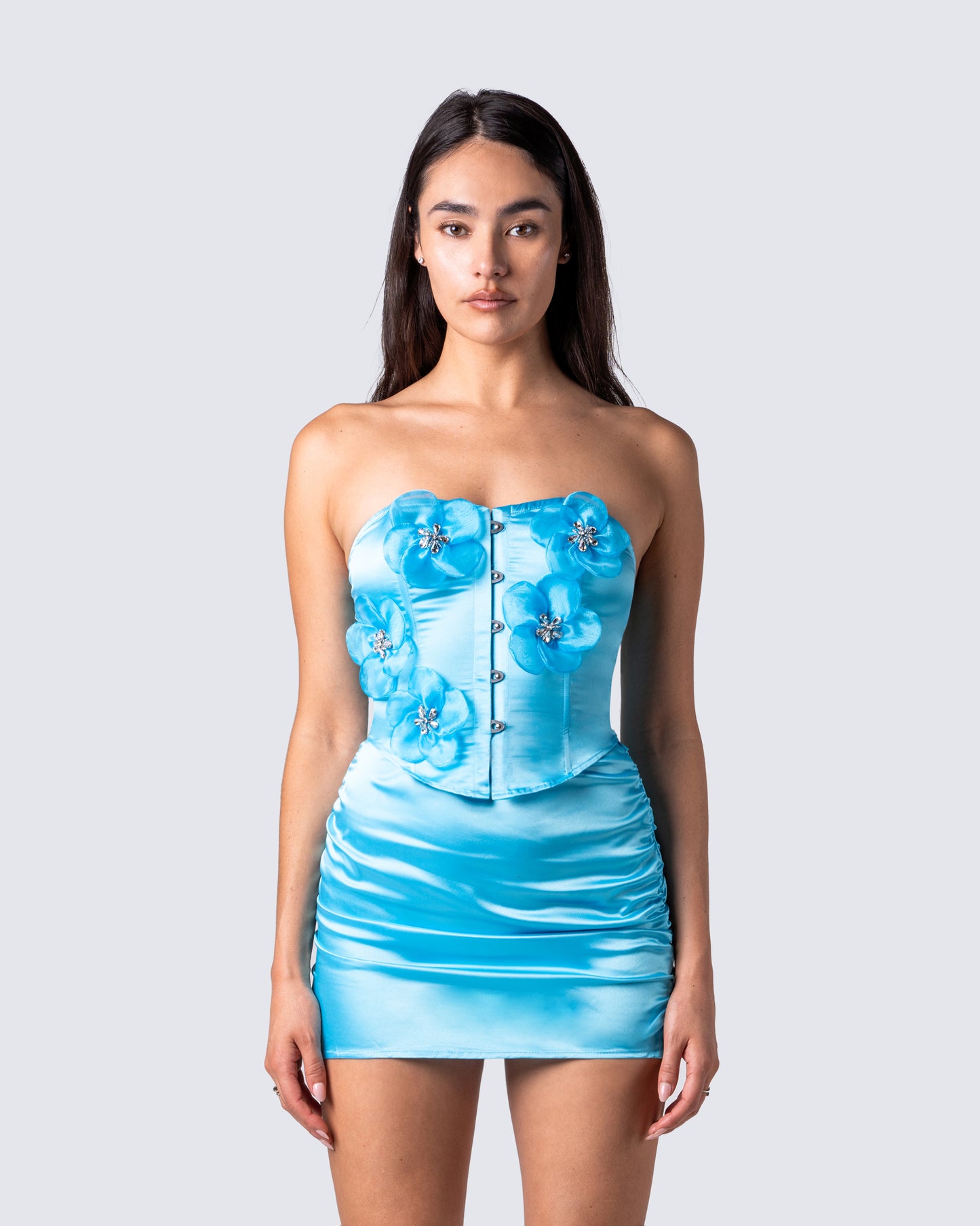 River Blue Flower Corset Top model front
