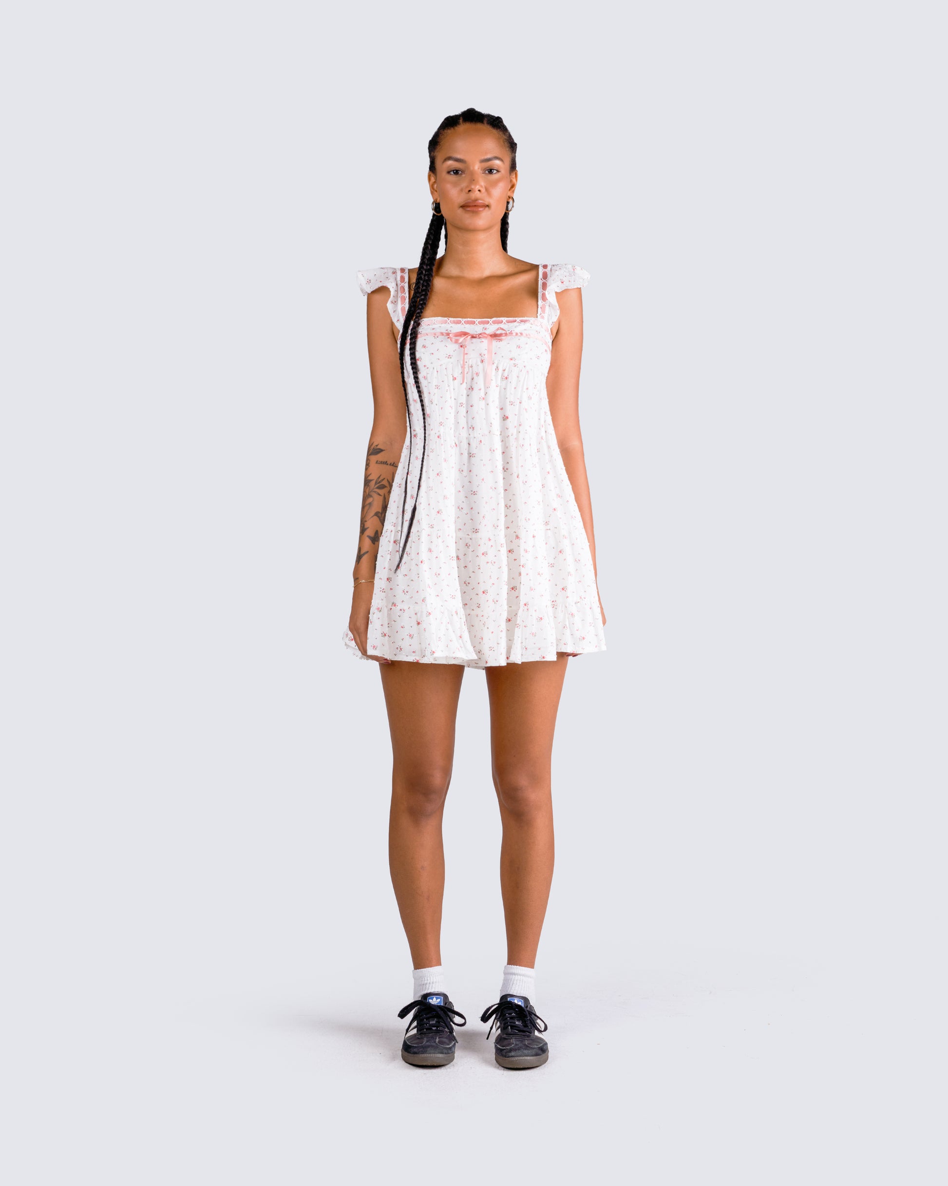 Mallory White Floral Mini Dress model front