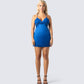 Bernadette Blue Lace Satin Dress model front