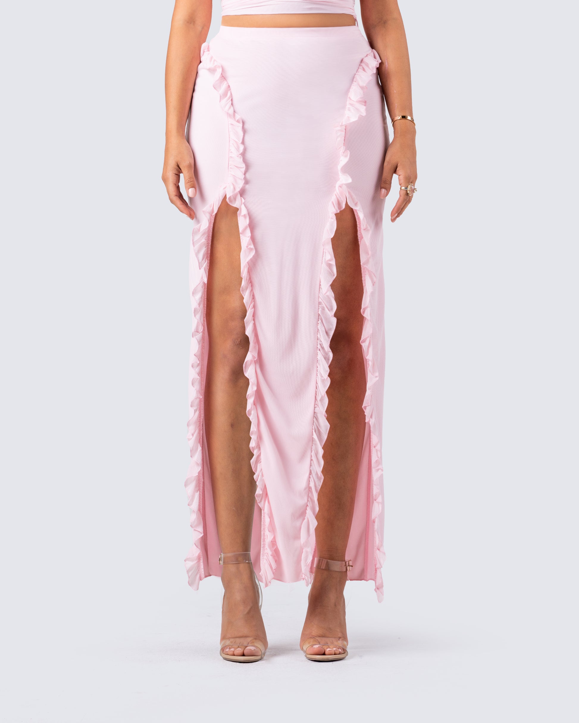 Omid Pink Ruffled Mesh Maxi Skirt model front
