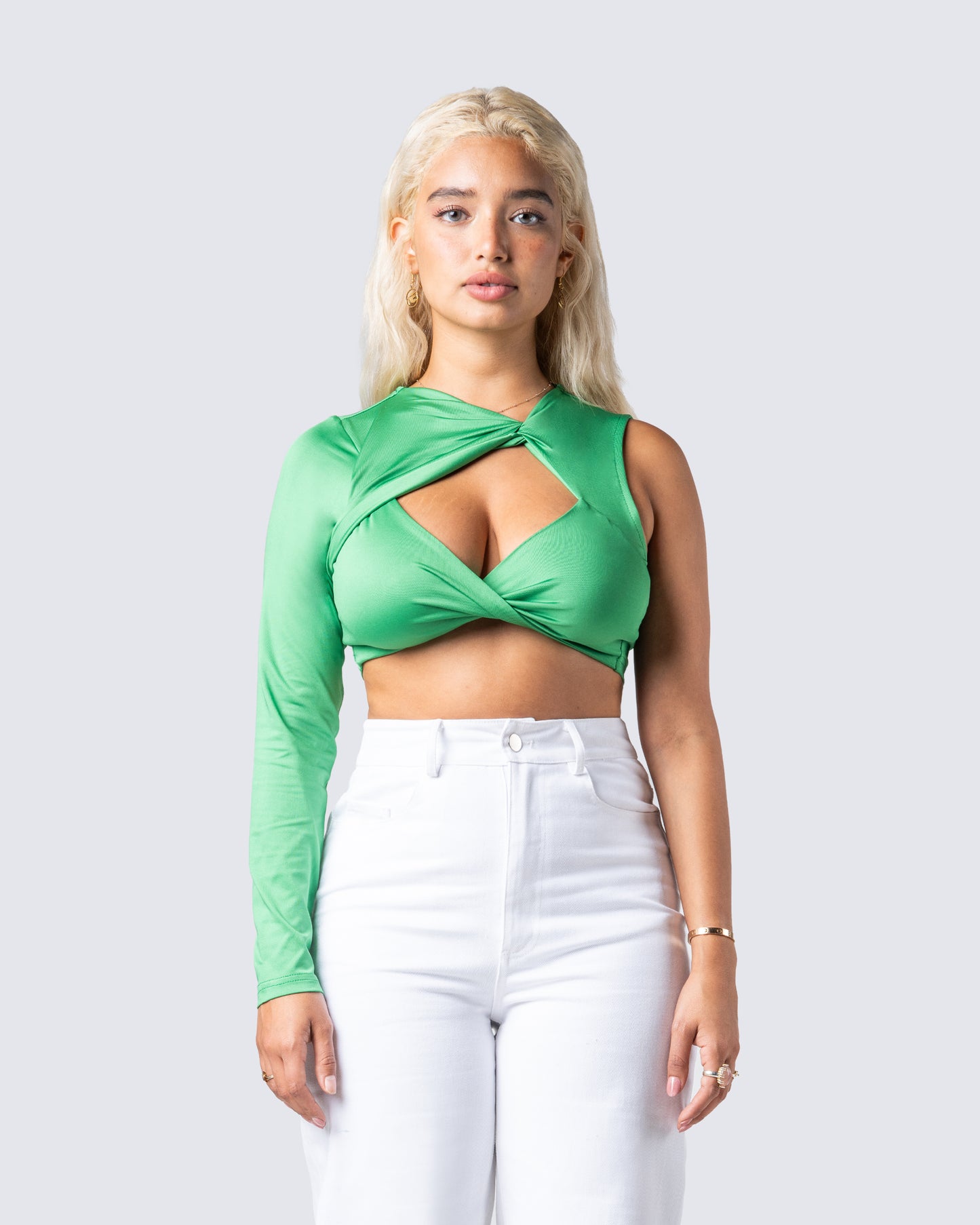 Domino Green Jersey Asymmetric Top model front