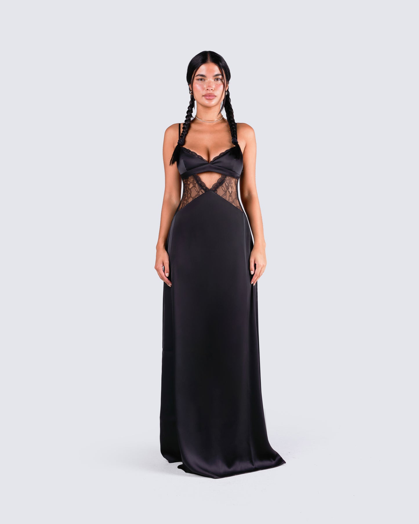 Mei Black Lace Insert Maxi Dress model front