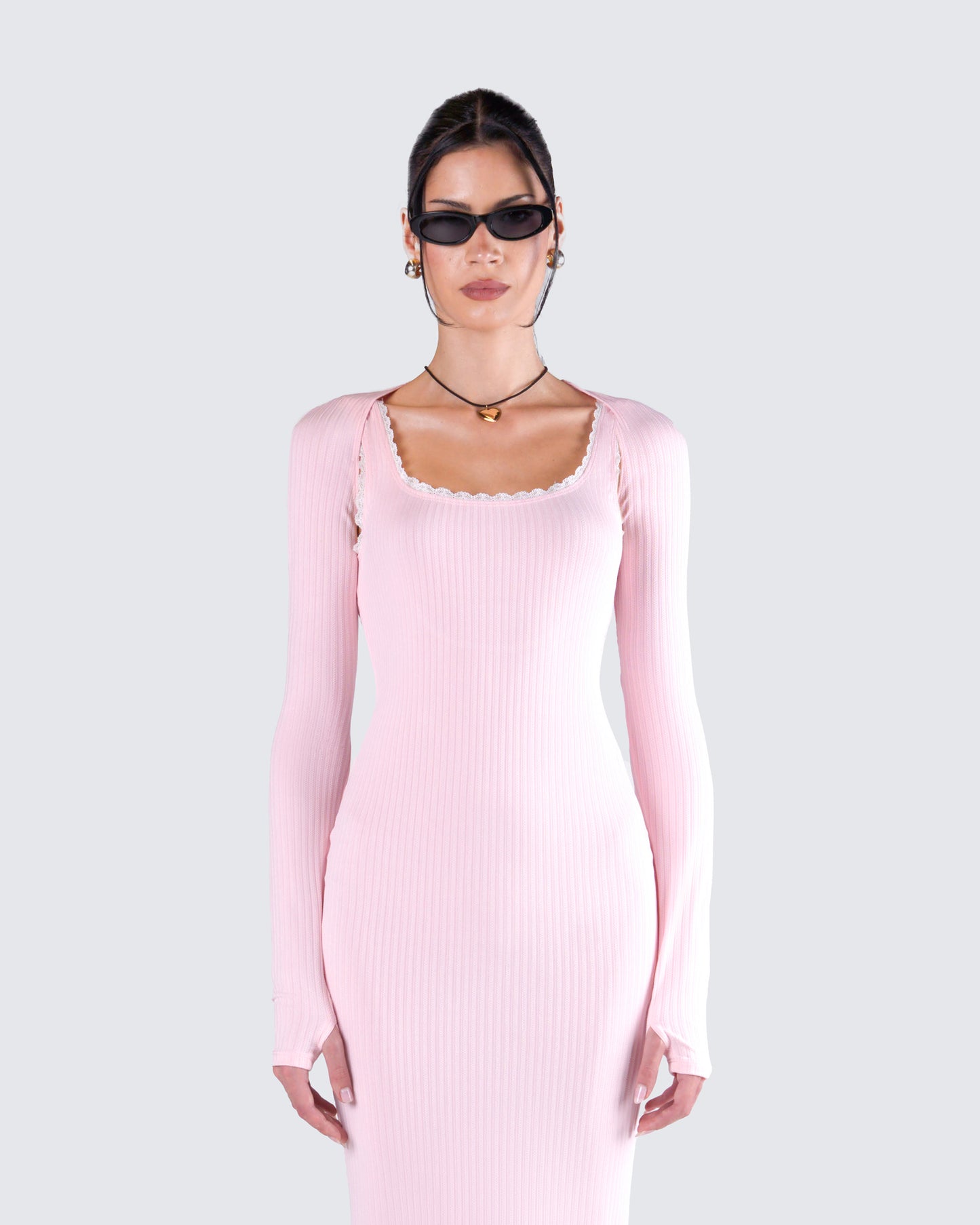 Rai Pink Rib Knit Shrug model front