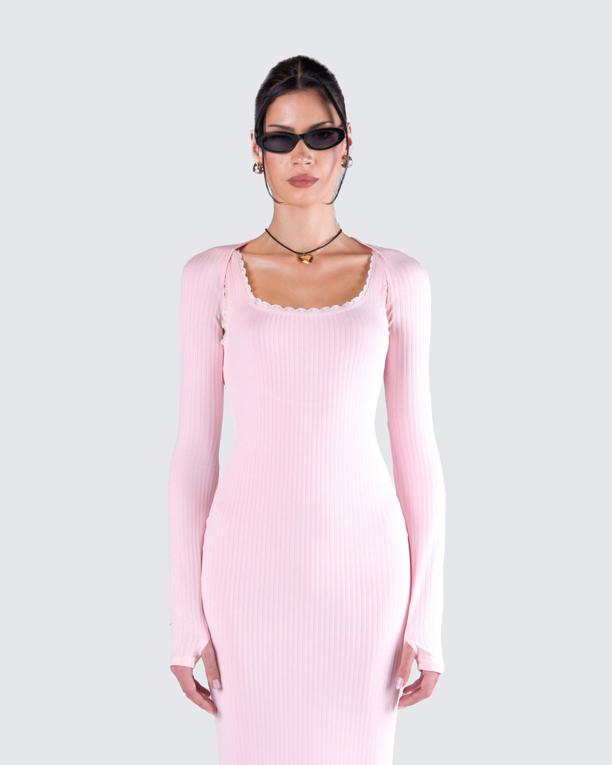 Rai Pink Rib Knit Shrug model front