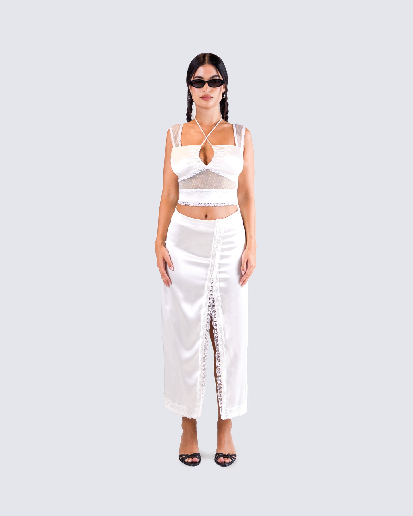 Orana White Satin Lace Skirt model front