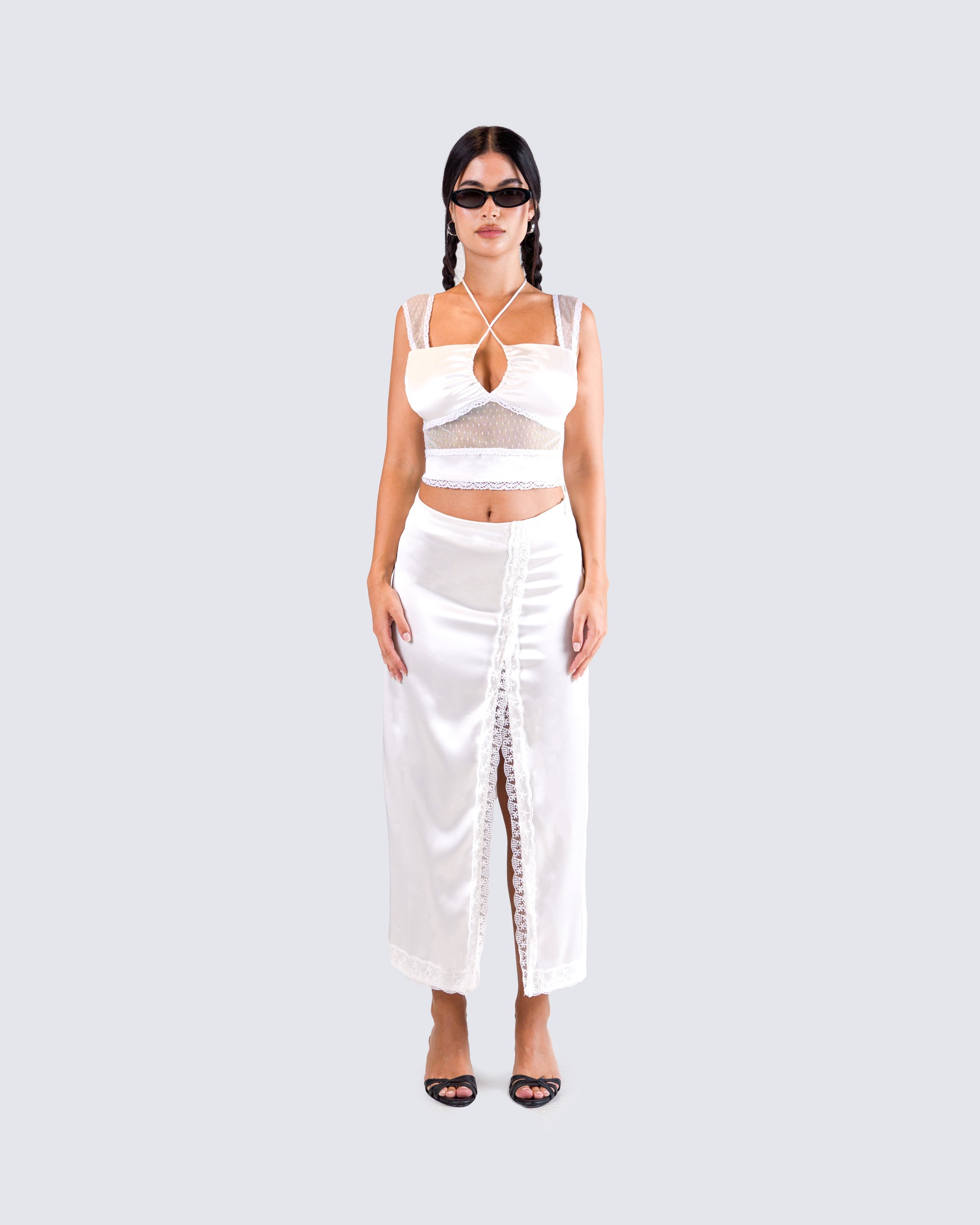 Orana White Satin Lace Skirt model front
