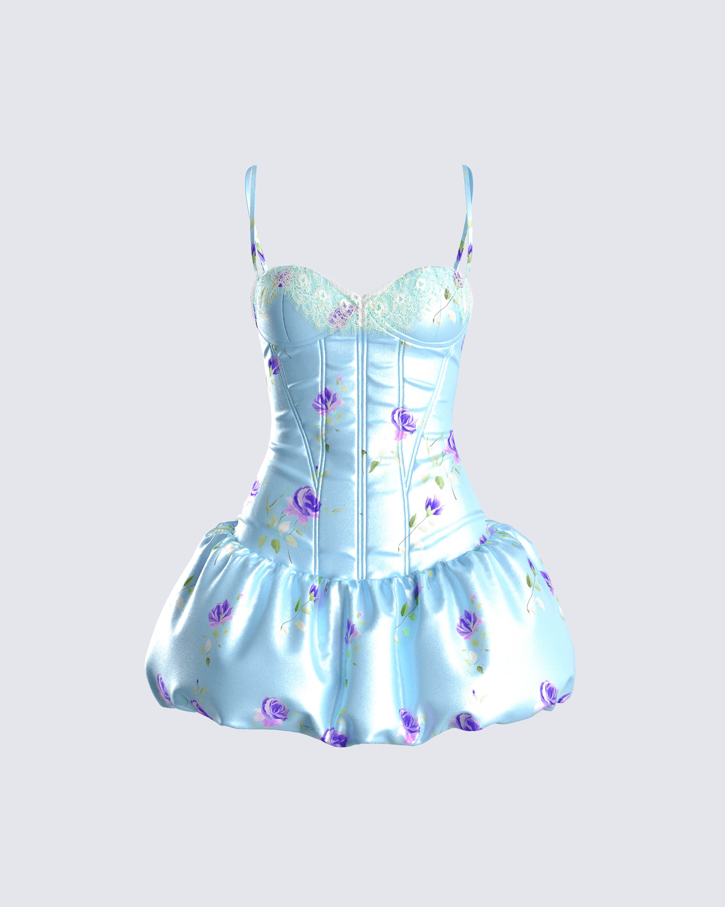 Tif Blue Satin Floral Bubble Dress 3d product front