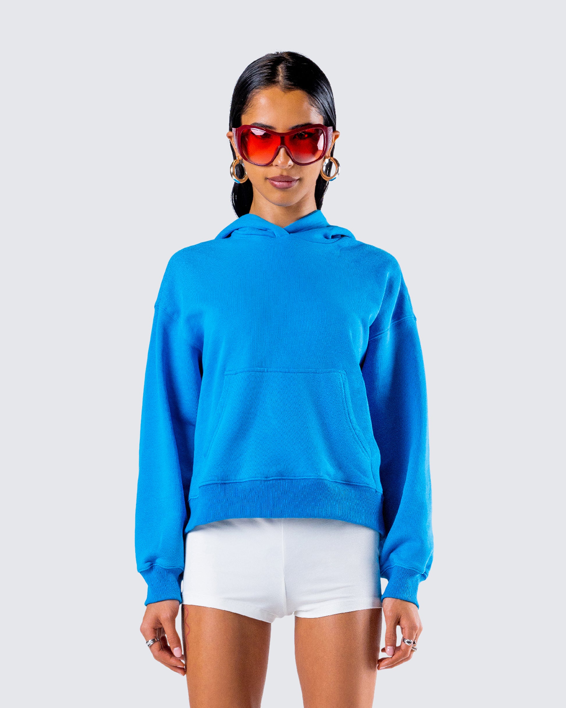 Yamuna Blue Fleece Hoodie model front