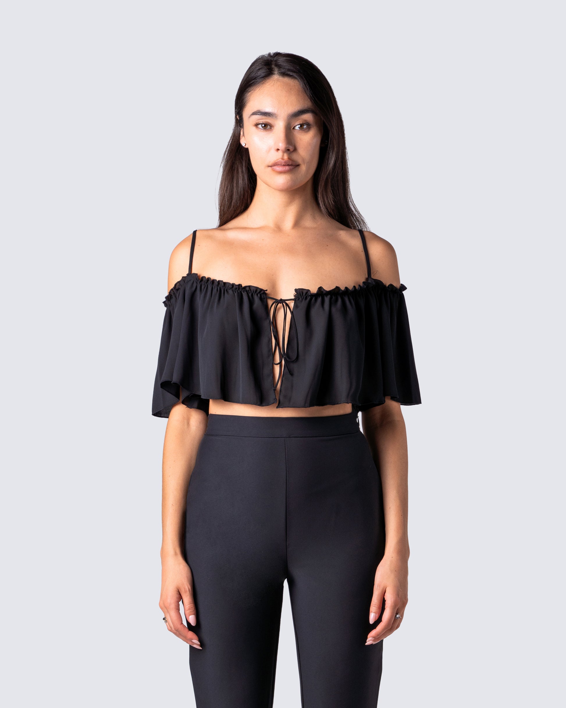 Catalina Black Chiffon Ruffle Top model front