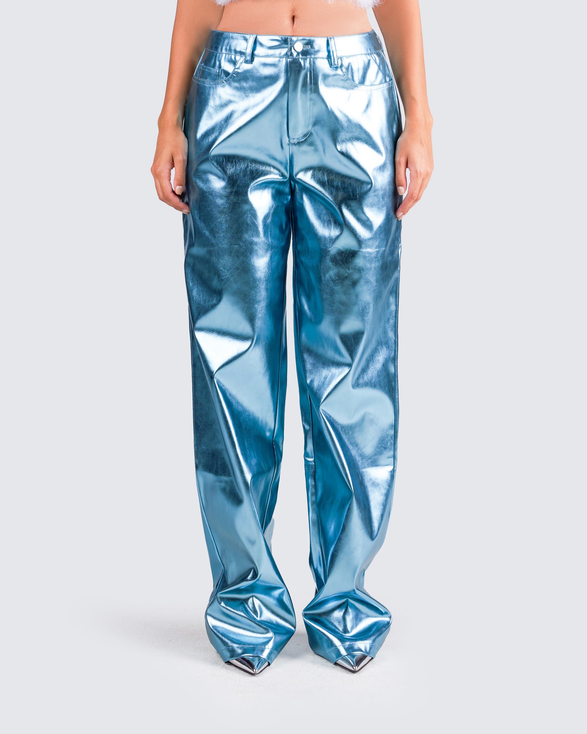 Asta Metallic Blue Trouser Pant model front