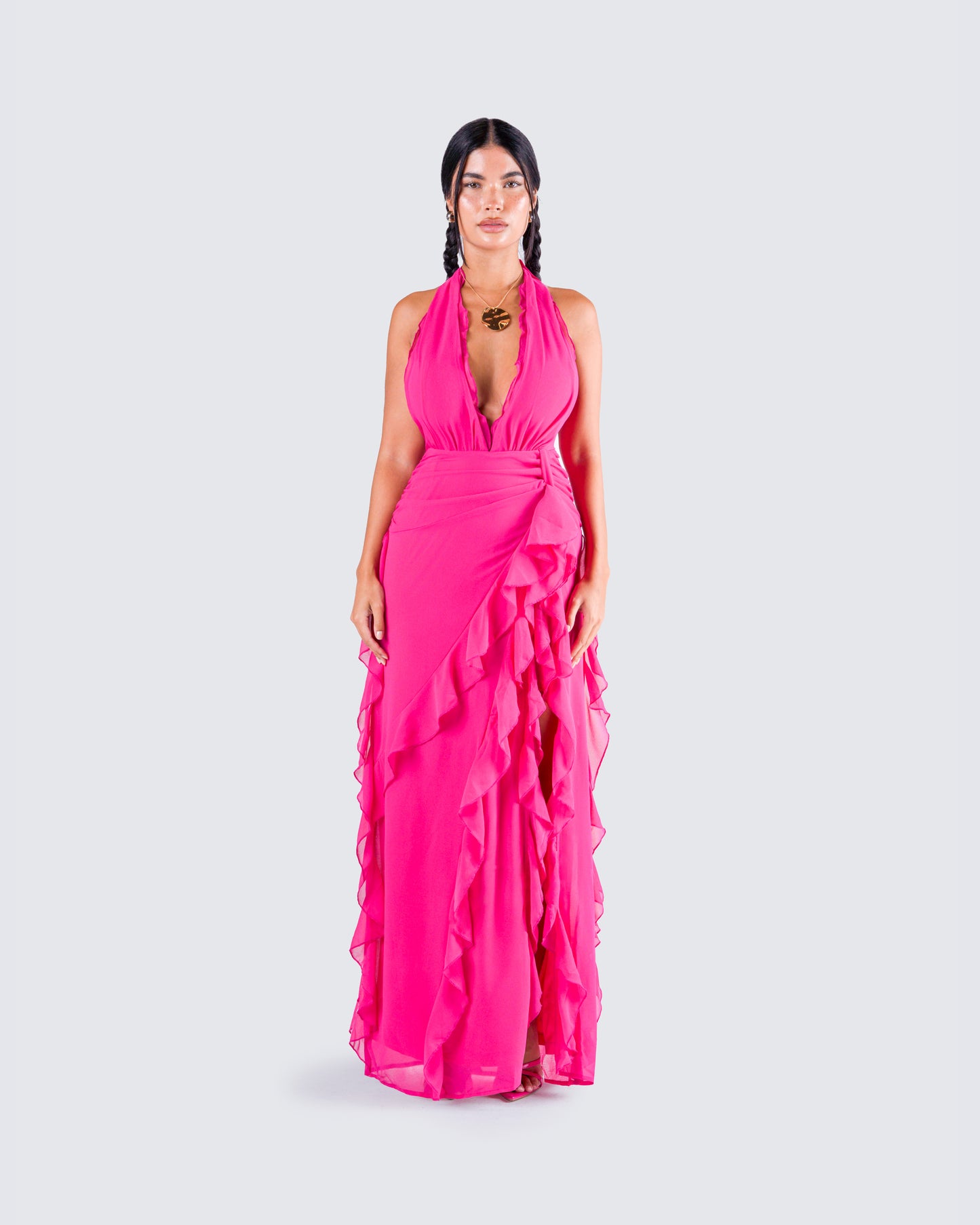 Nandi Hot Pink Ruffle Maxi Dress model front