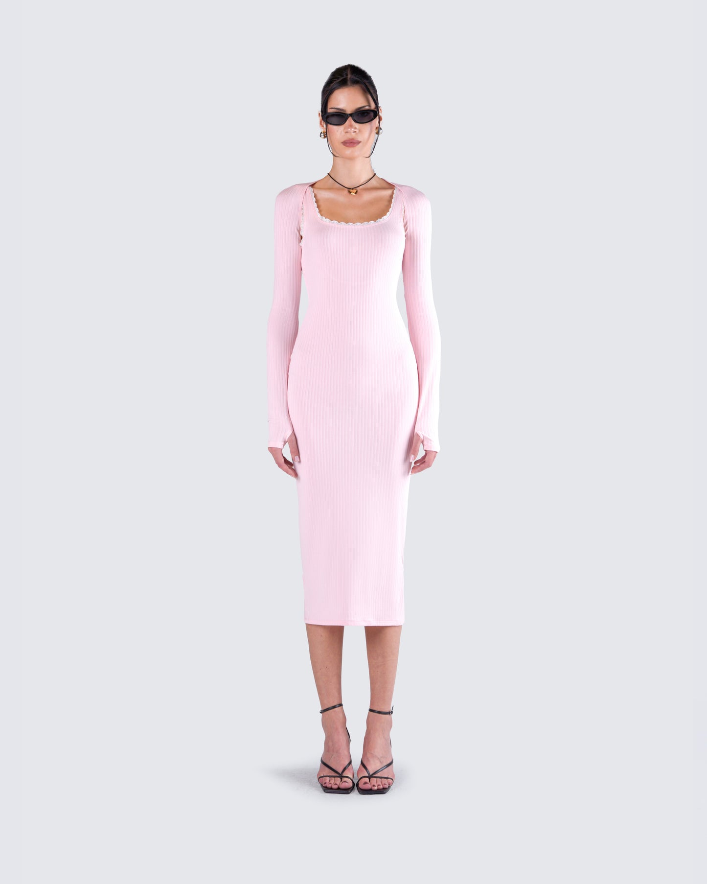 Rai Pink Rib Knit Midi Dress model front