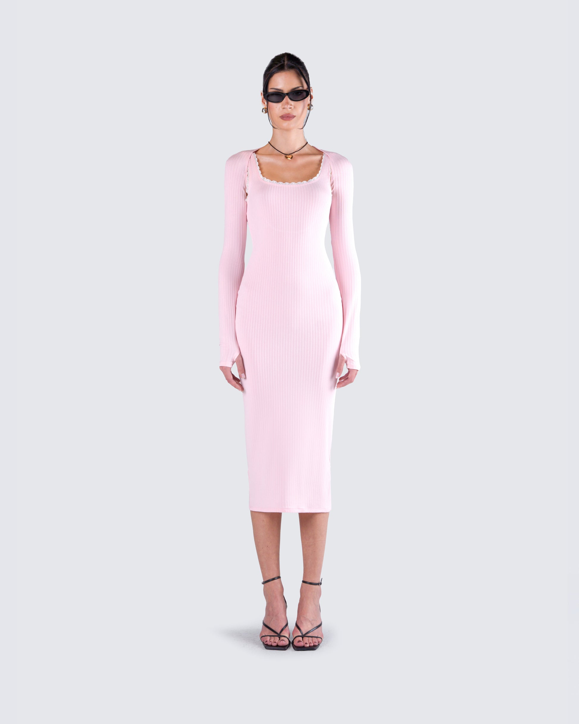 Rai Pink Rib Knit Midi Dress model front