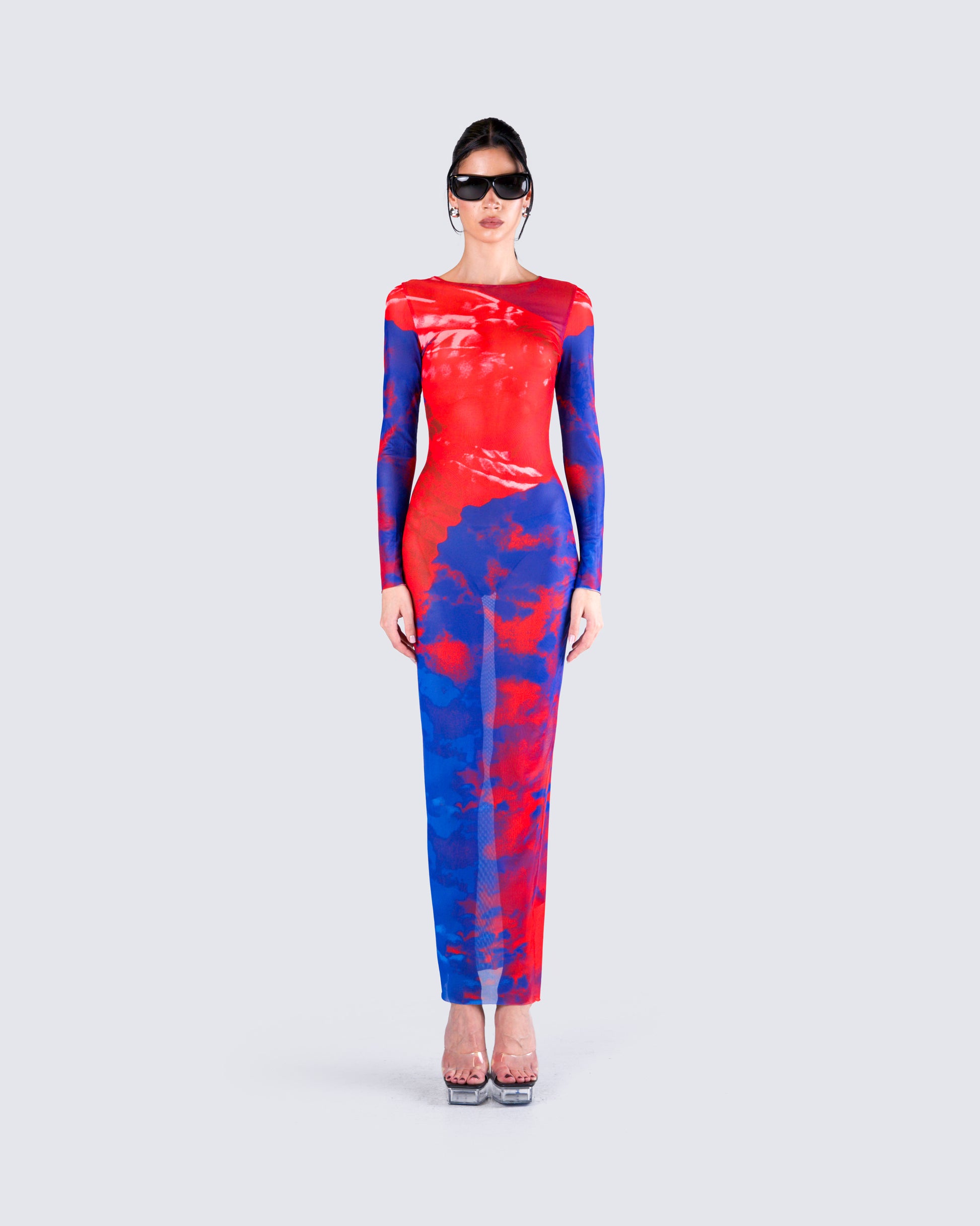 Kavya Multi Print Mesh Maxi Dress model front