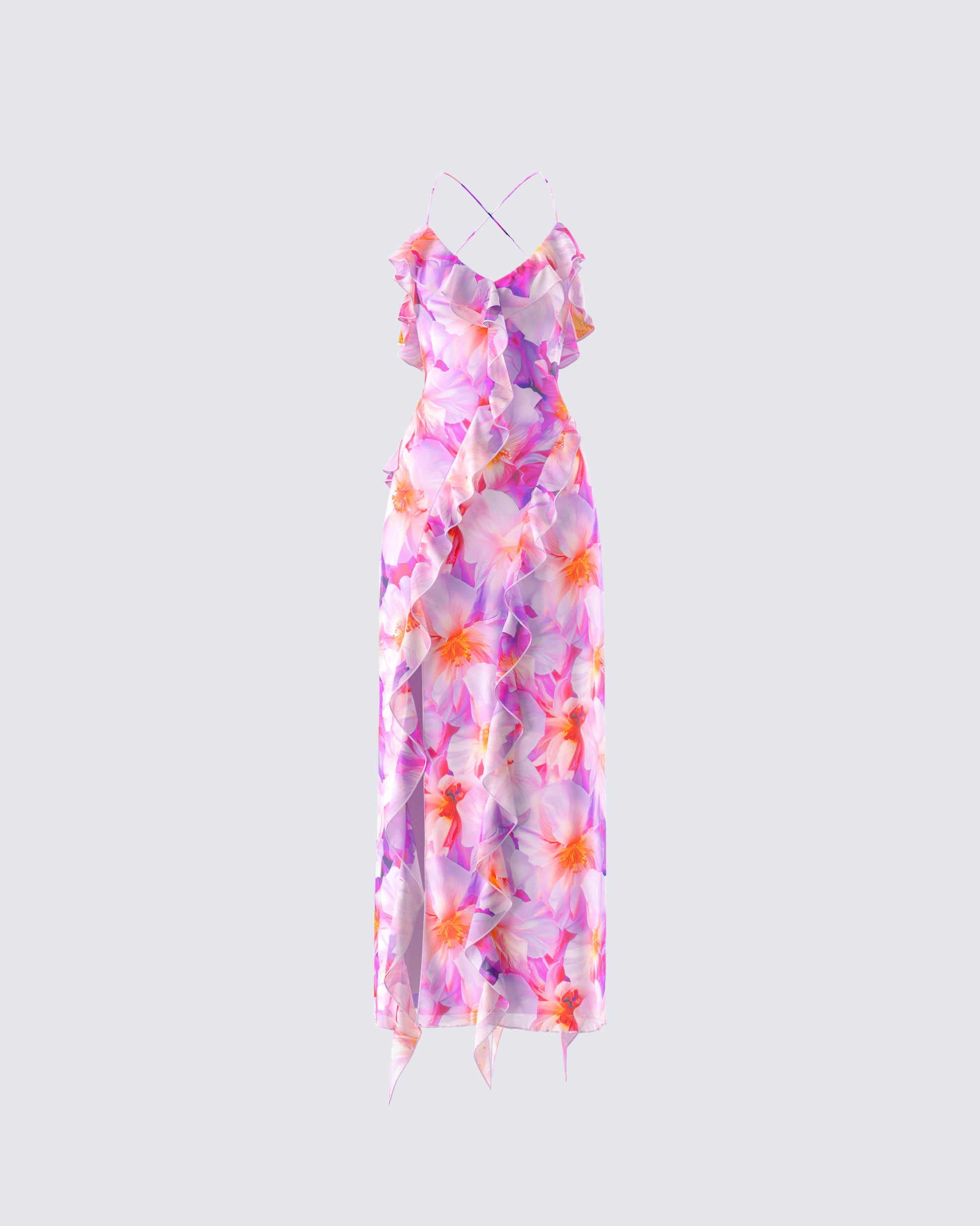 Kenya Pink Floral Ruffle Maxi Dress product front
