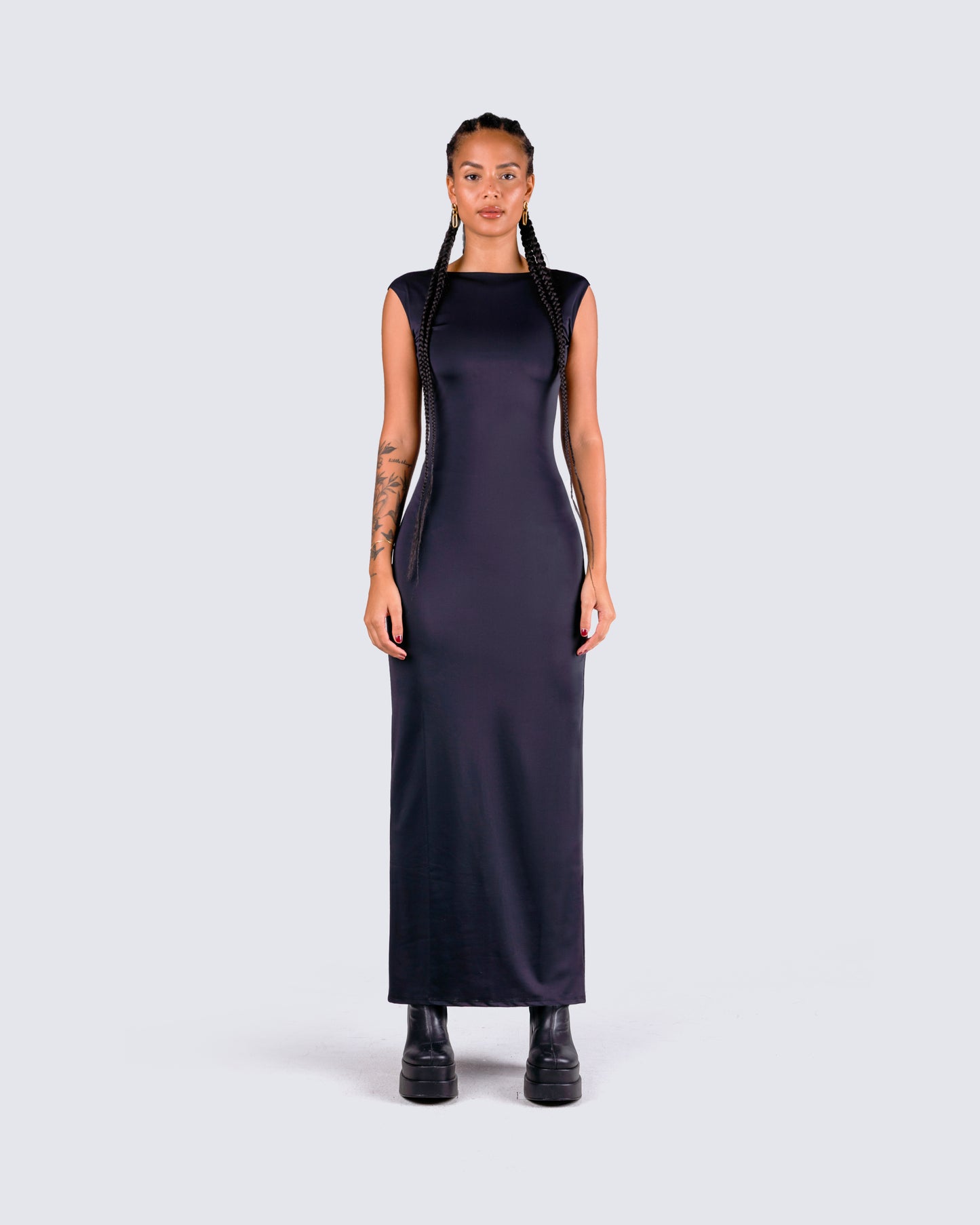 Kath Black Jersey Backless Dress model front