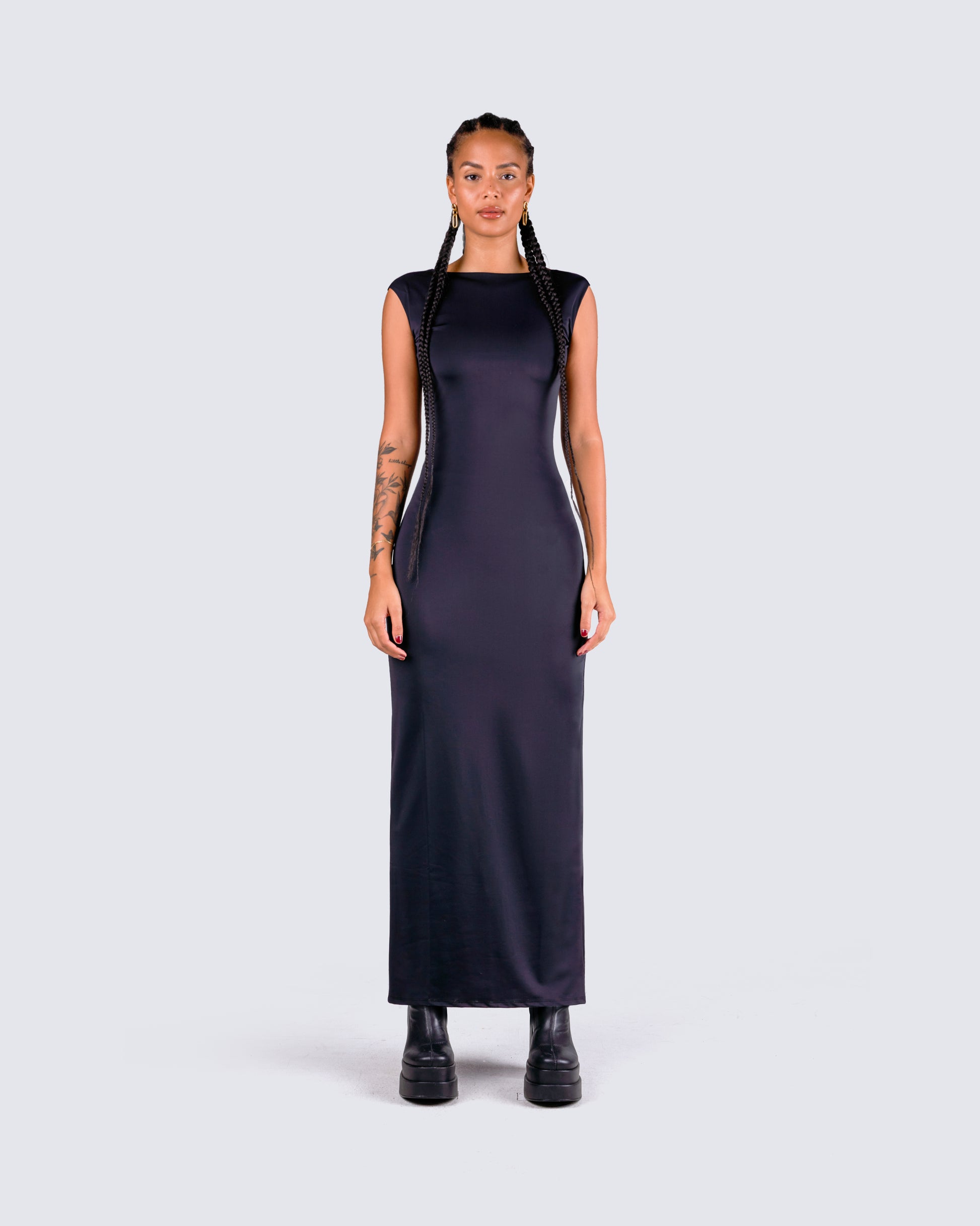 Kath Black Jersey Backless Dress model front