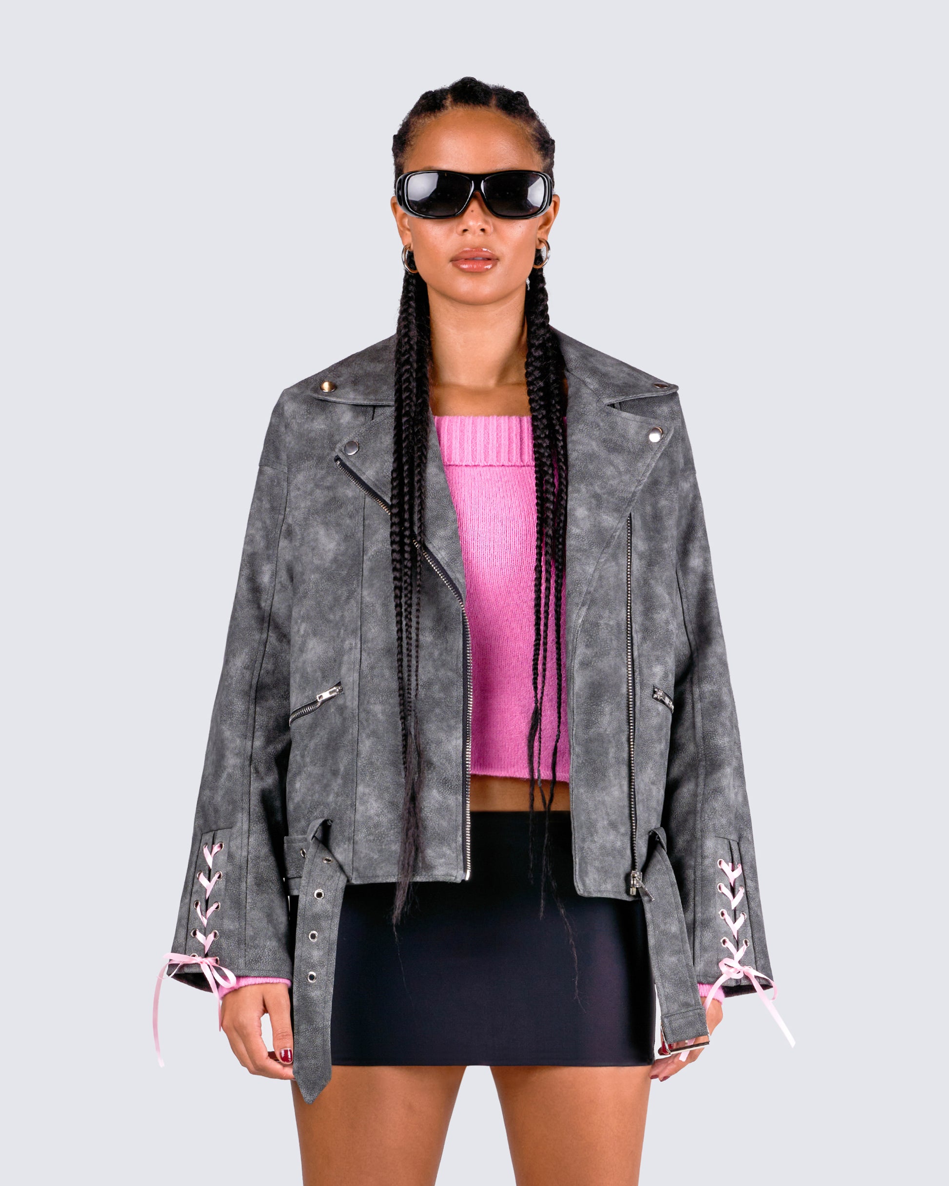 Nancy Black Vegan Leather Jacket model front