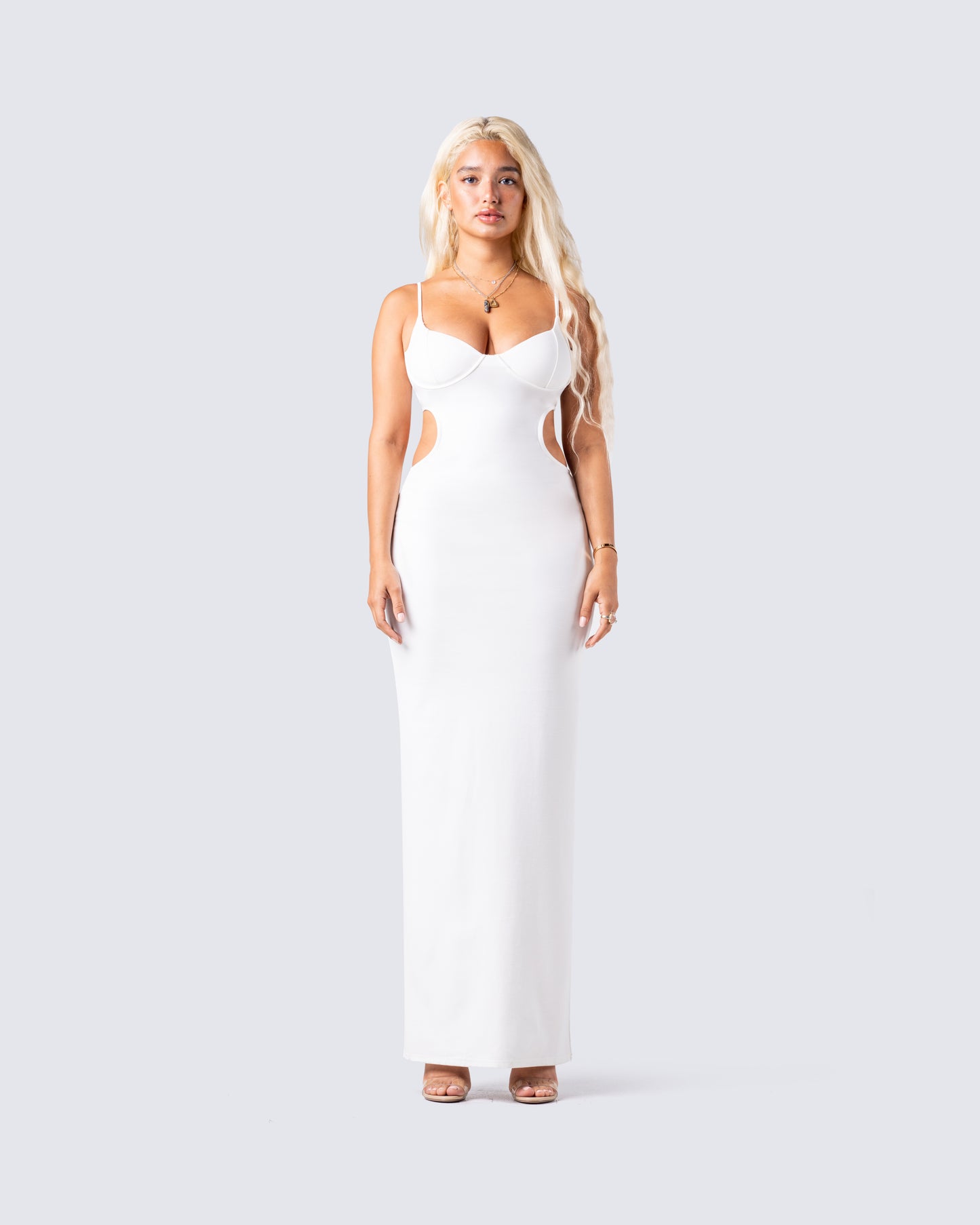 Patrice White Cut Out Maxi Dress model front