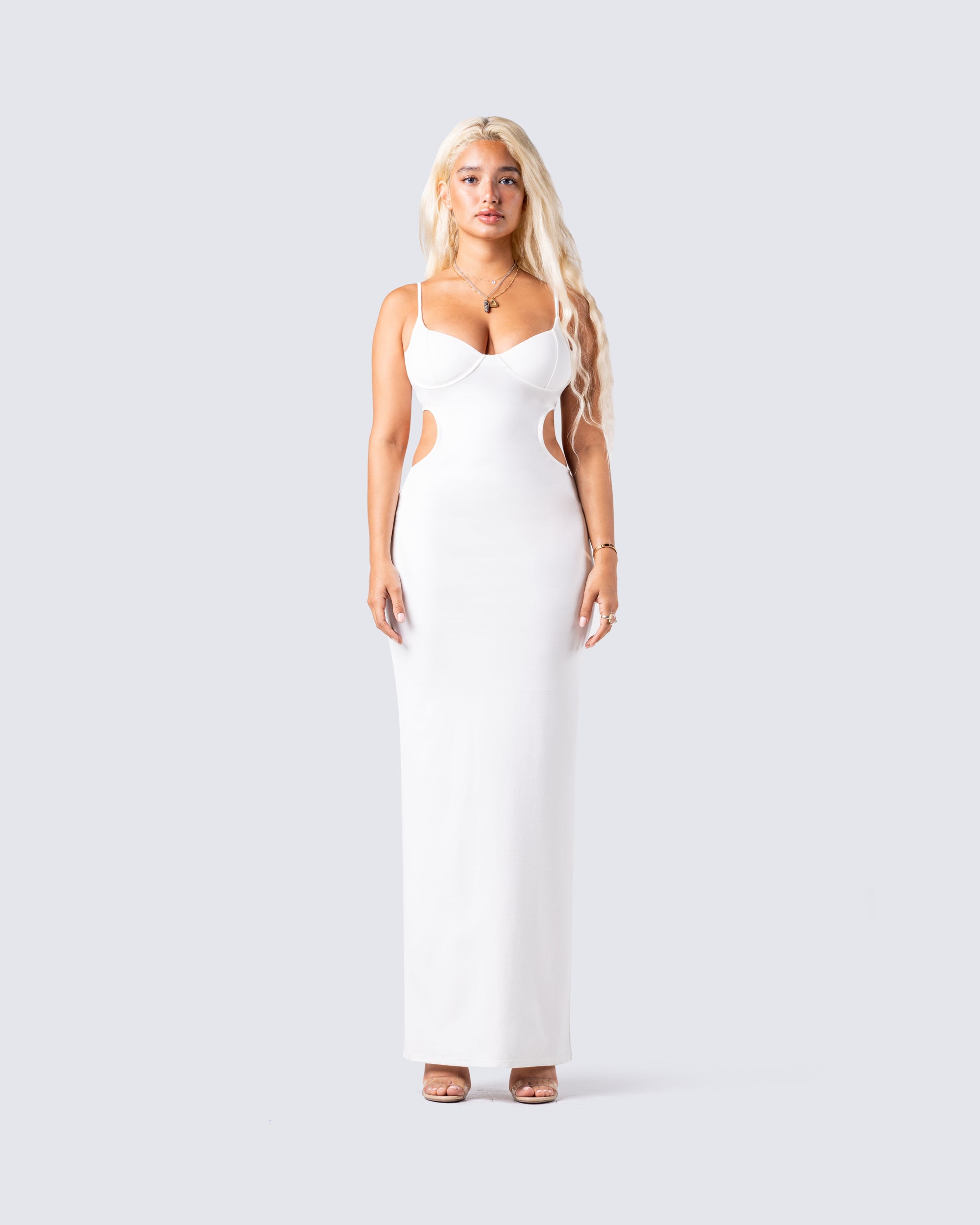Patrice White Cut Out Maxi Dress model front