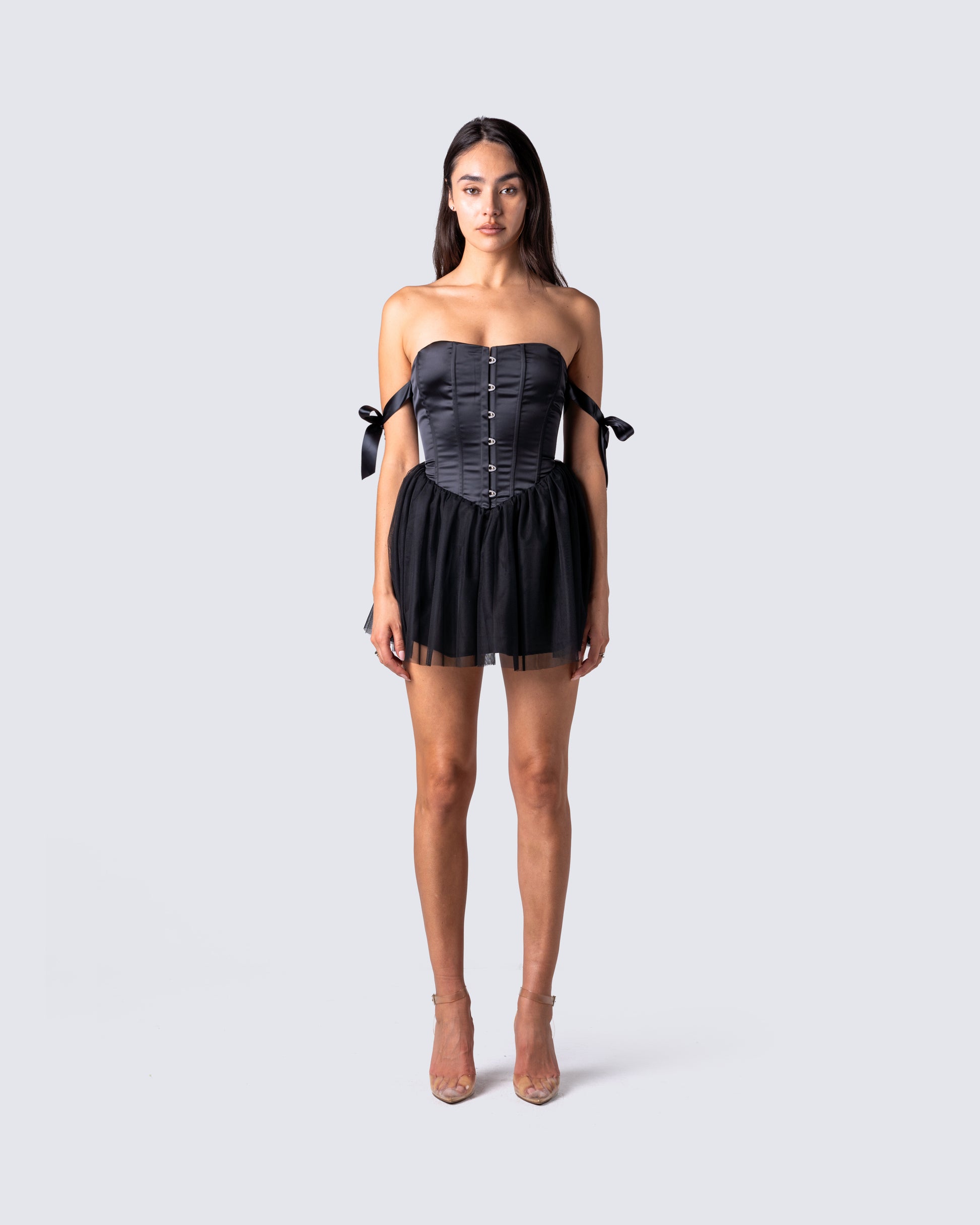 Clem Black Corset Mini Dress model front