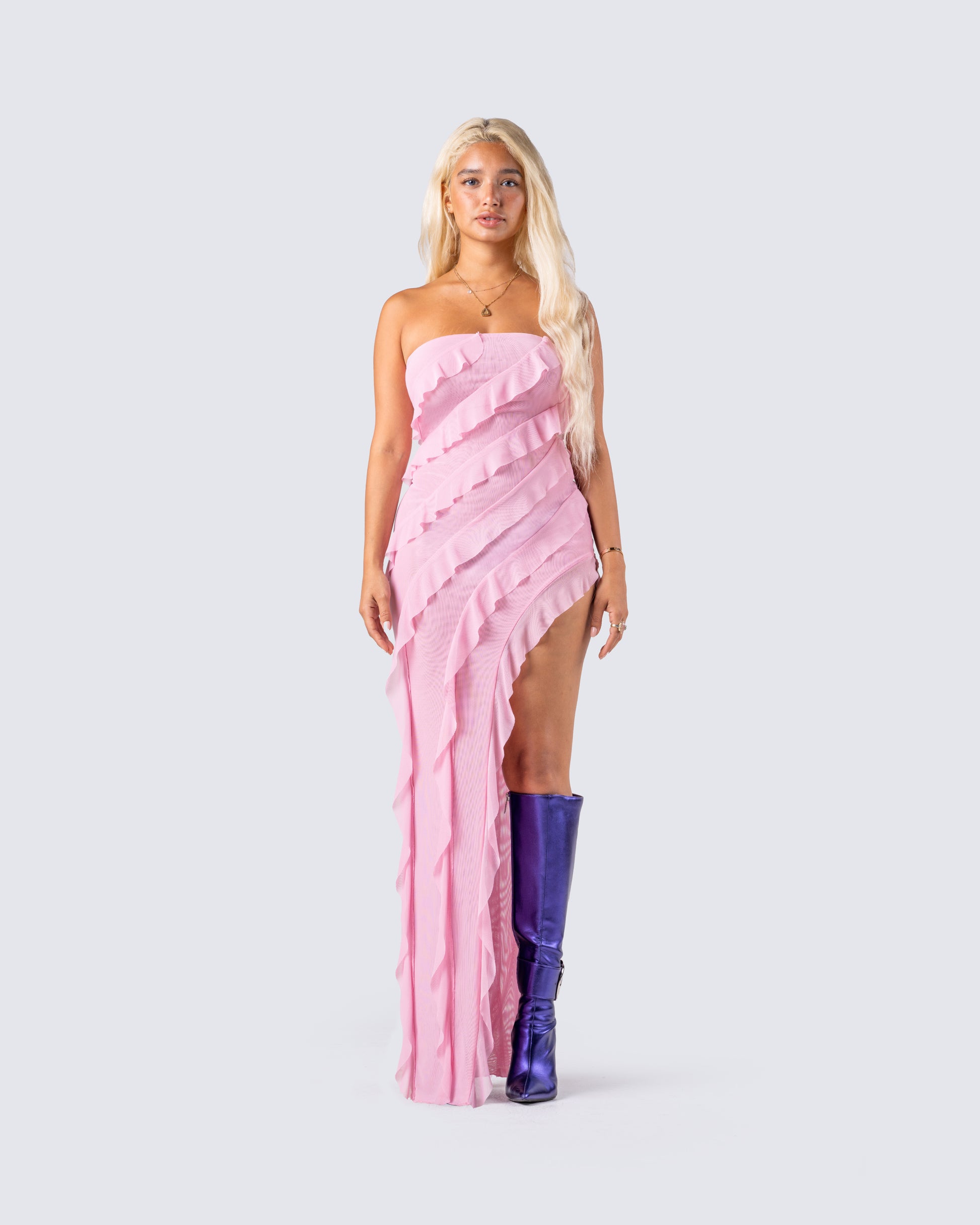 Blanche Pink Mesh Ruffle Dress model front