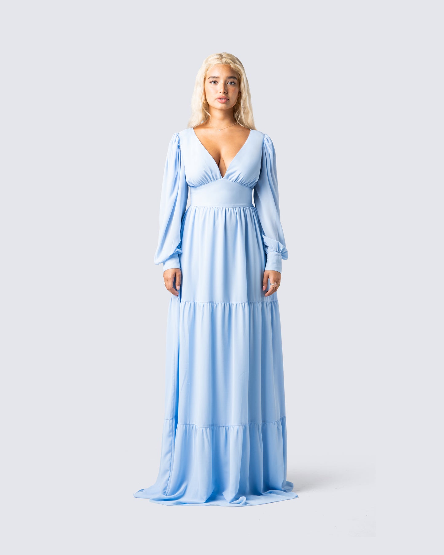 Louise Baby Blue Tiered Maxi Dress model front