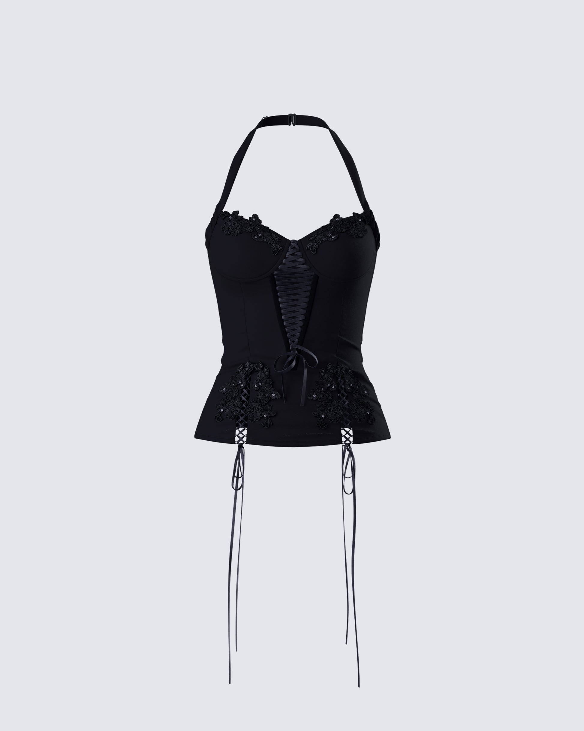 Yelina Black Halter Lace Up Top product front