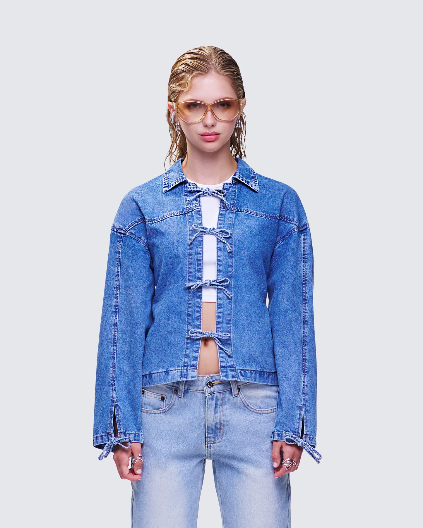 Freesia Blue Bow Tied Denim Shirt Jacket model front
