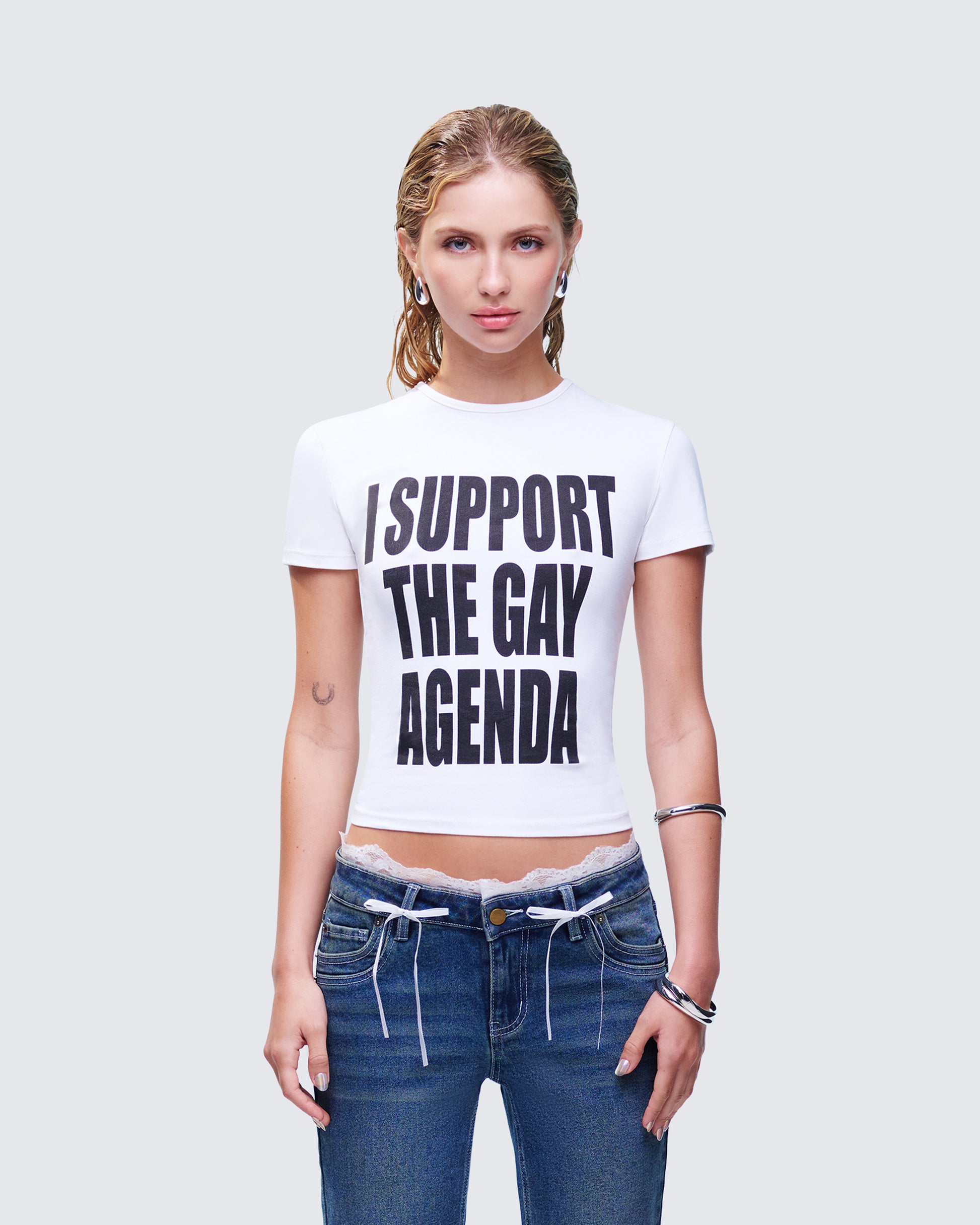 Drea White Slogan Classic Tee model front