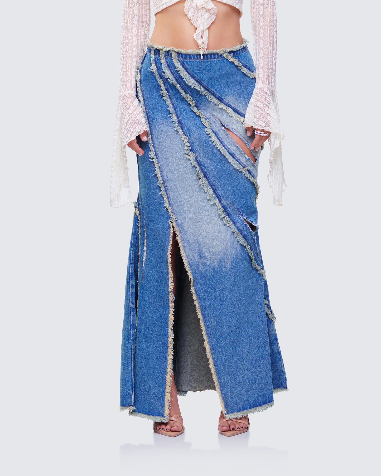Briony Blue Denim Frayed Maxi Skirt model front