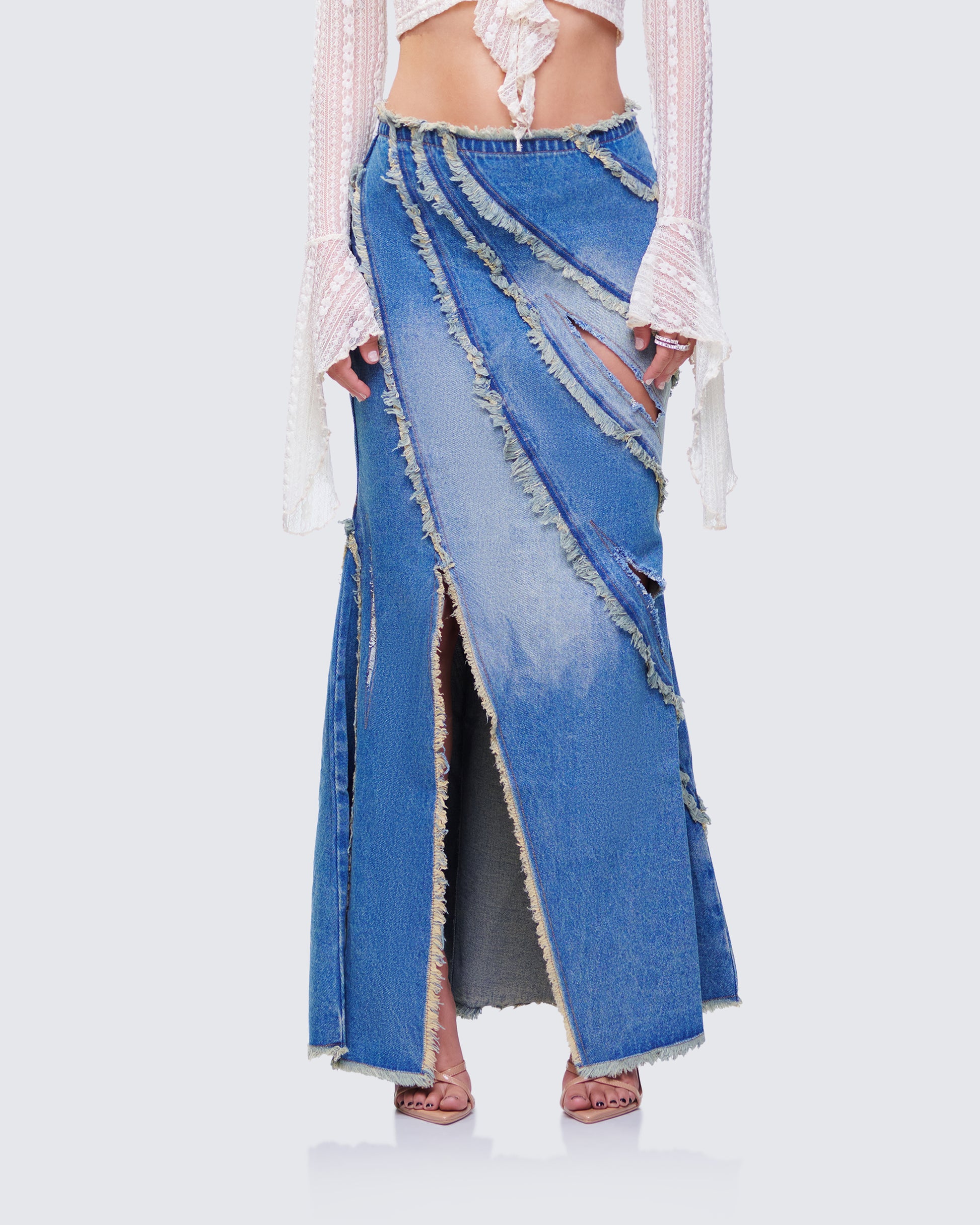 Briony Blue Denim Frayed Maxi Skirt model front