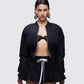 Khione Black Flight Satin Cropped Bomber Jacket model front