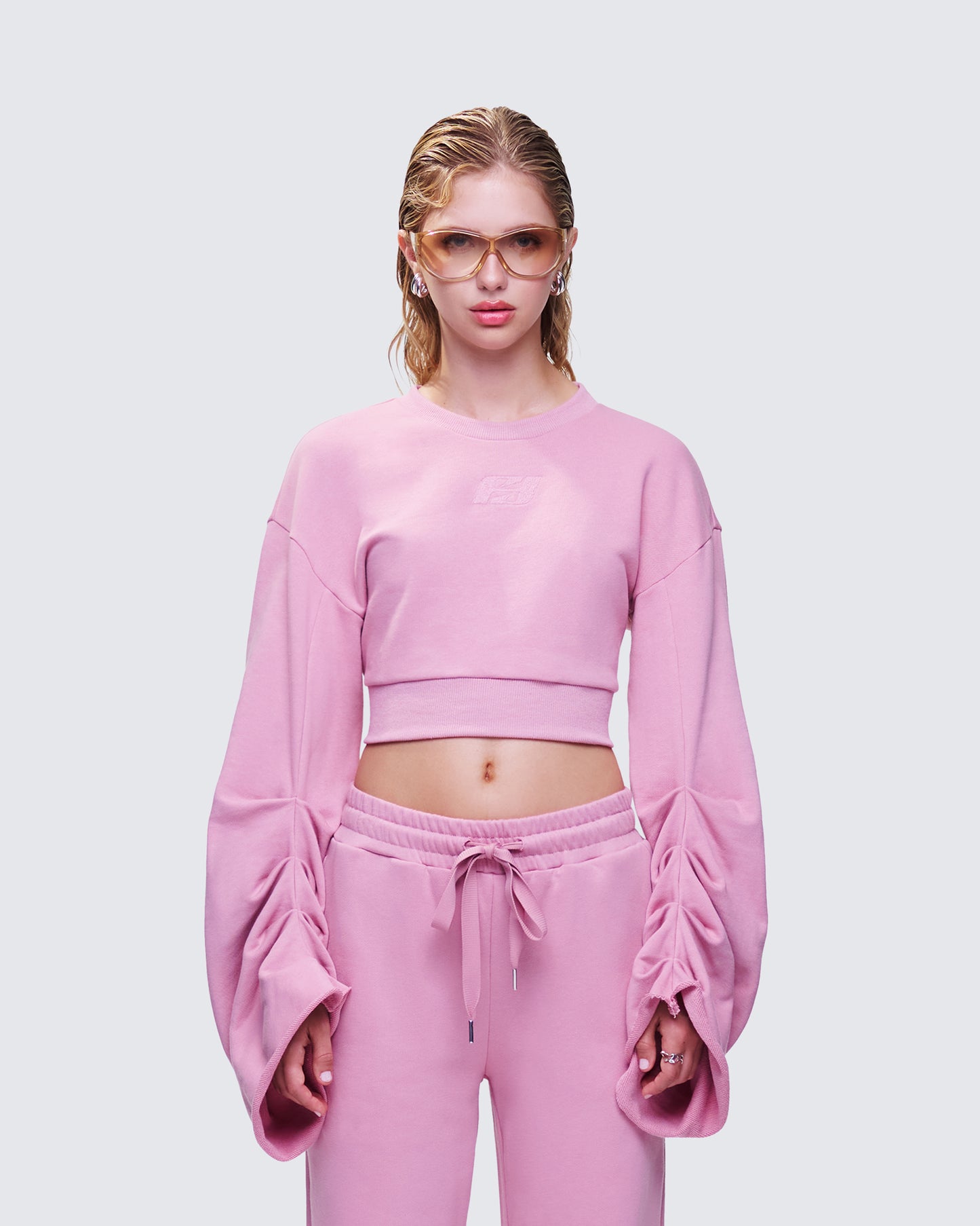 Una Pink Stacked Sleeve Sweatshirt model front