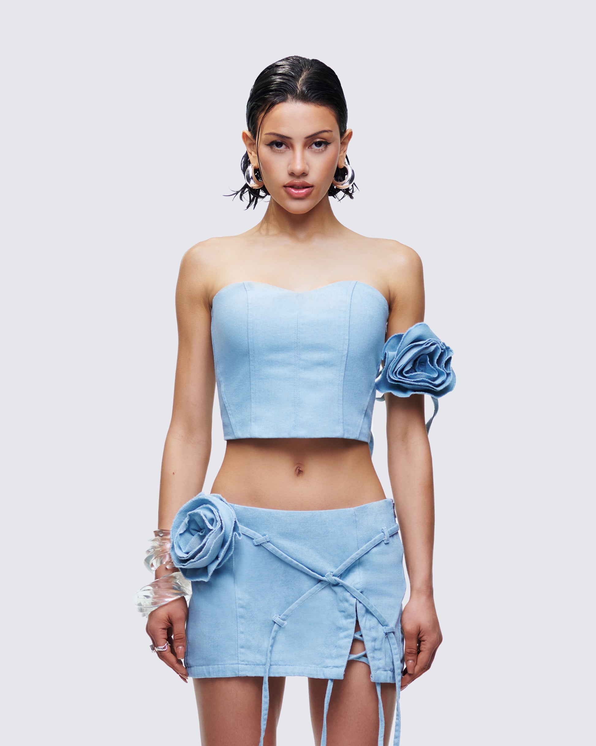 Delores Blue Denim Arm Corsage model front